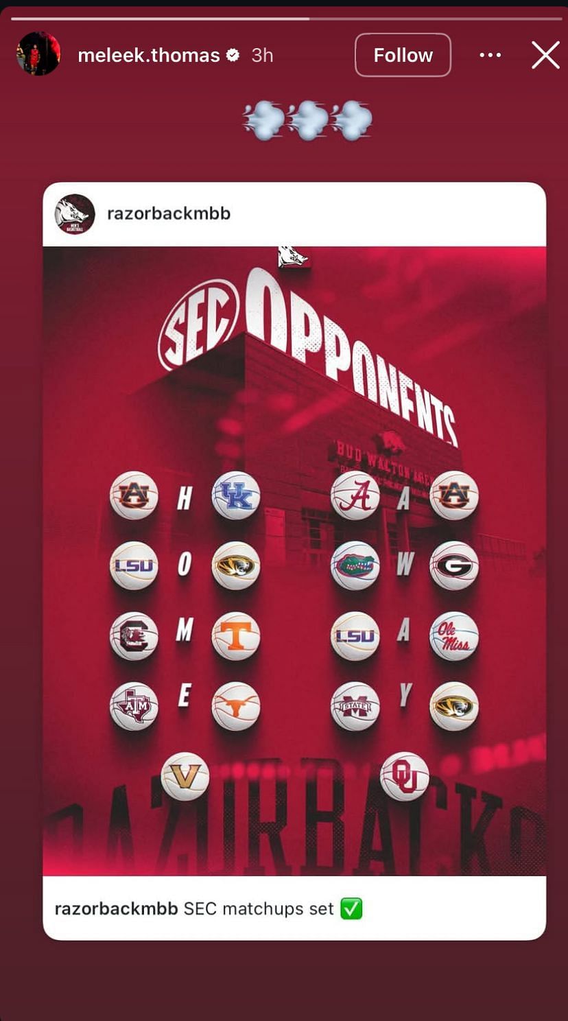 Arkansas signee Meleek Thomas shares his reaction as the SEC schedule for John Calipari's team gets announced - Image source: Instagram/meleek.thomas